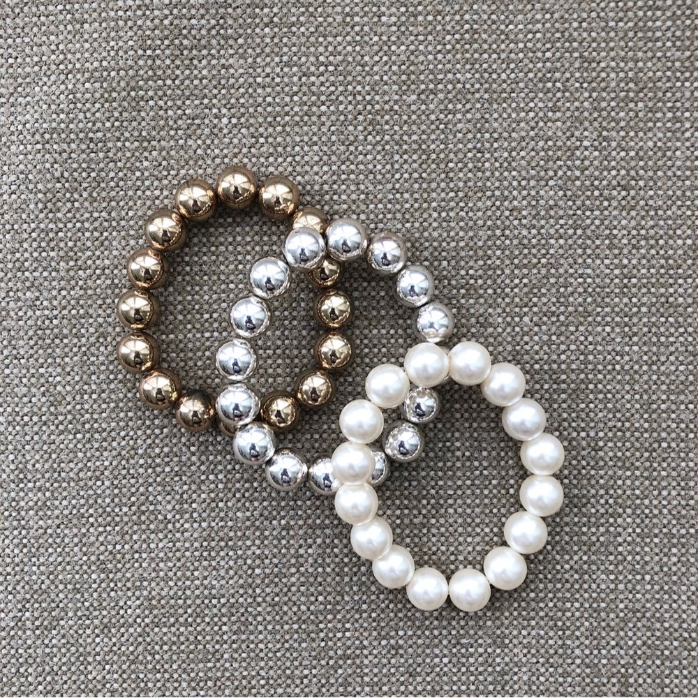Gold, Faux Pearl & Silver Ball Bracelets